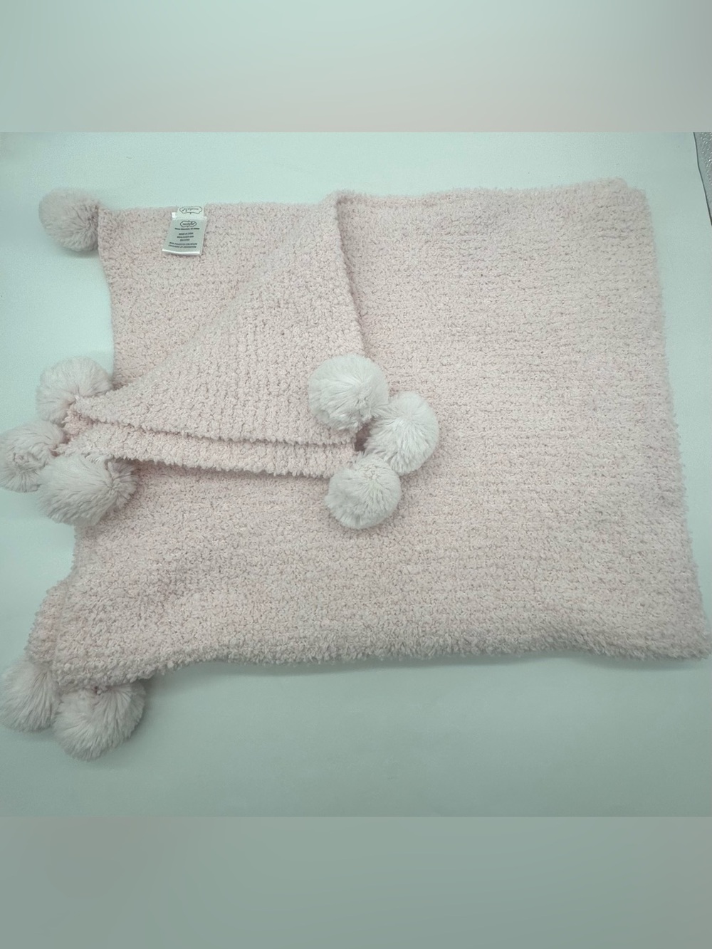 Mud Pie Plush/Chenille Baby Blanket with Pom-Poms In Pastel Pink